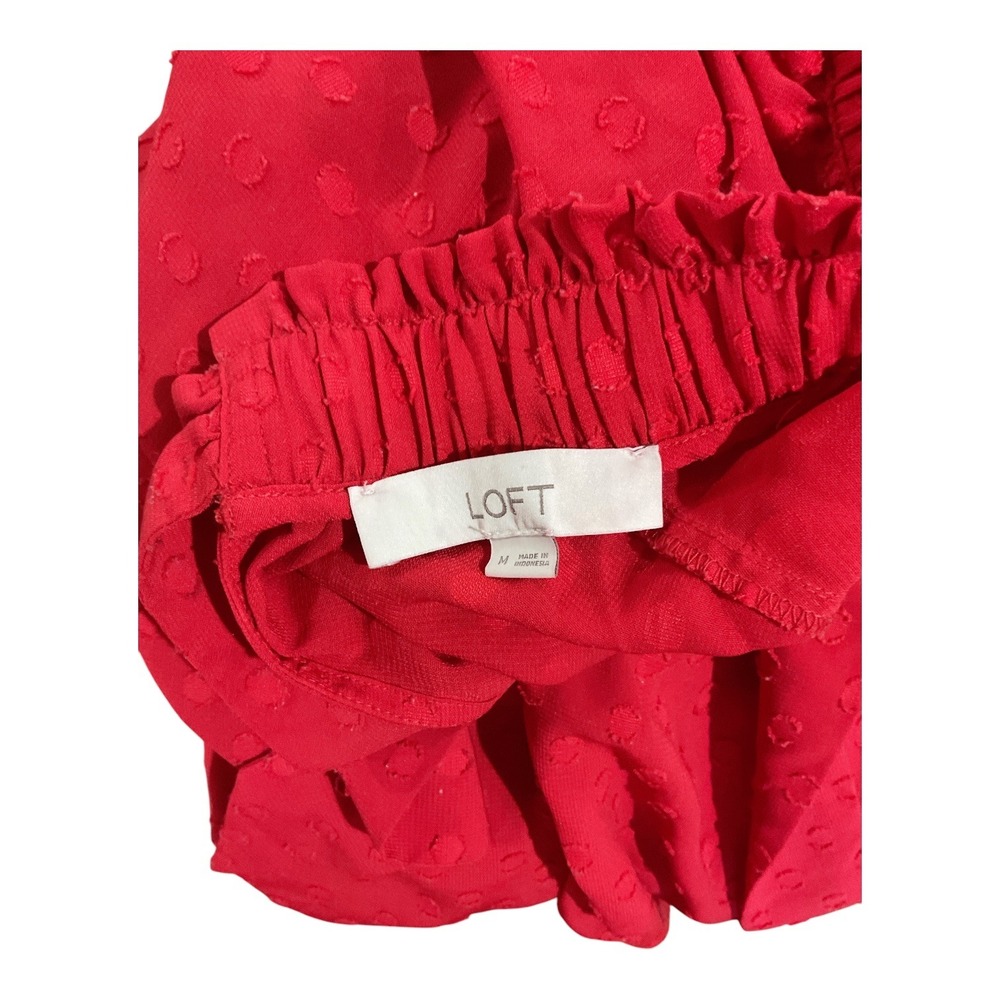 LOFT Red Clip Dot Blouse Ruffle Mock Neck Back Tie Long Sleeve Top  M polyester - Picture 4 of 5